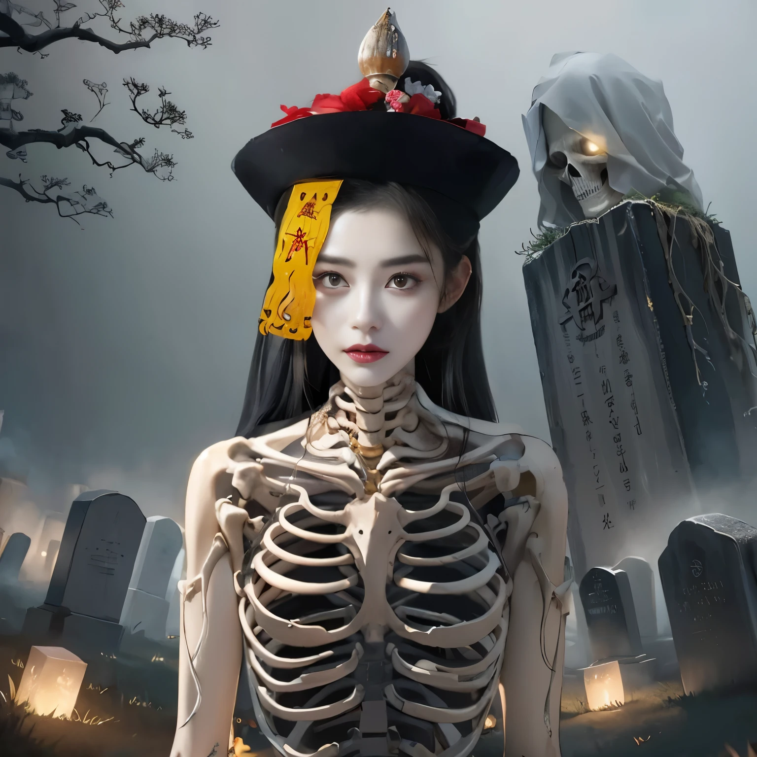 there is a woman with a skeleton headdress and a skeleton in a cemetery, hone onna skeleton geisha, goddess of death in a graveyard, goddess of death, inspired by Fenghua Zhong, eerie art style, skeleton girl, jingna zhang, xue han, saint skeleton queen, wenfei ye, inspired by Xie Huan, lulu chen