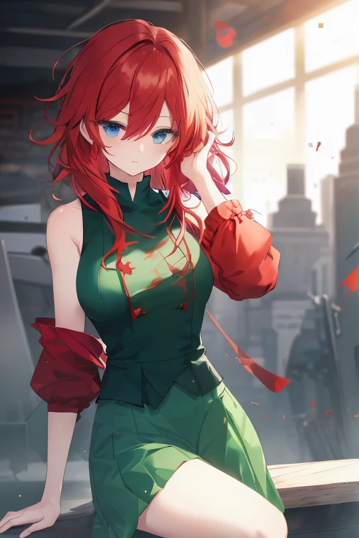 1girl, modern girl, red hair, blue eyes, long hair, (red sleeves), sleeveless fitted green dress, (messy hair), hair between eyes, green skirt,green legware, medium breasts,
