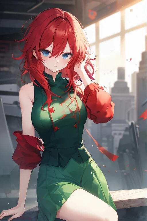 1girl, modern girl, red hair, blue eyes, long hair, (red sleeves), sleeveless fitted green dress, (messy hair), hair between eyes, green skirt,green legware, medium breasts,