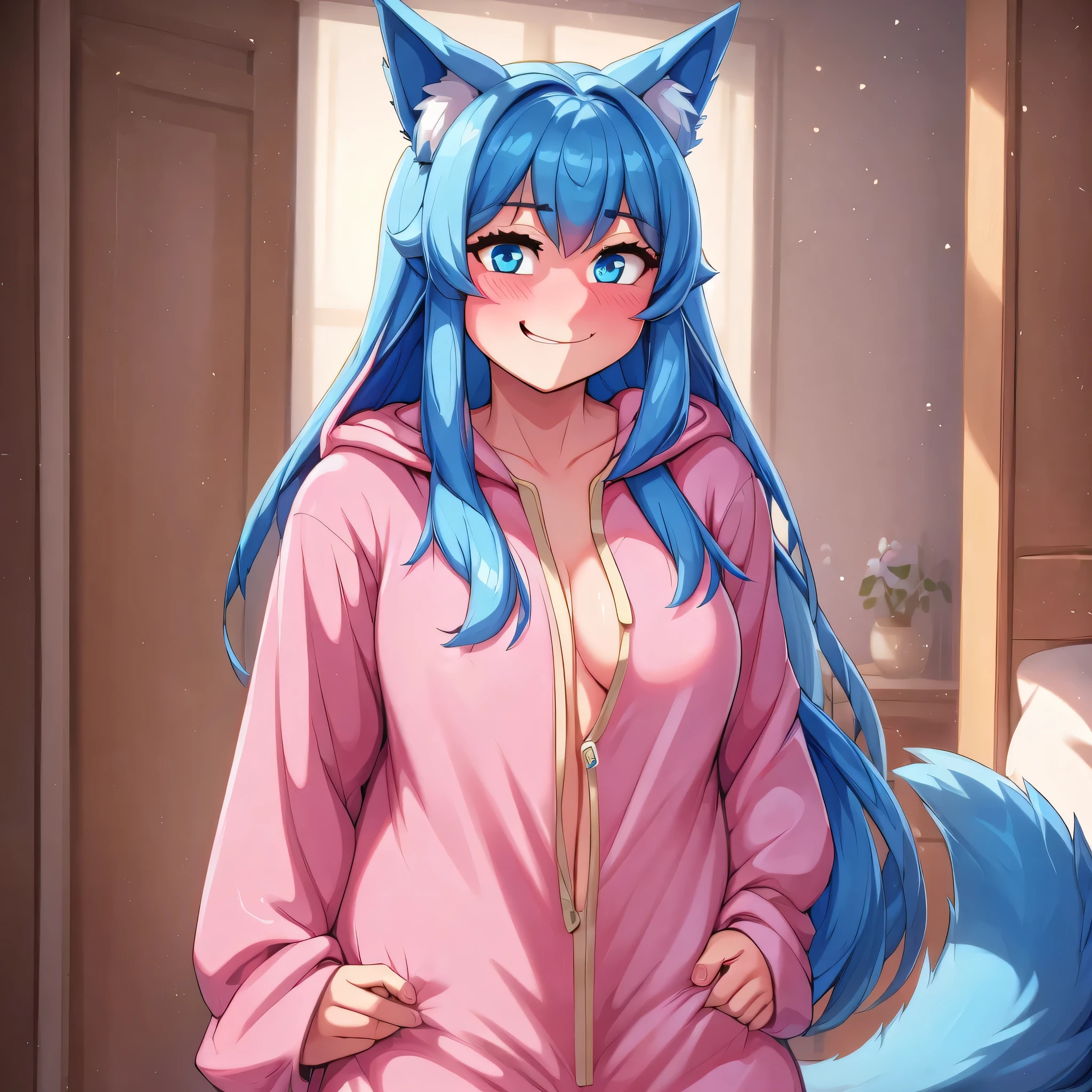 (Masterpiece) (High Detail) (High Res) A close up of A Short Humanoid Girl with pale human skin and blue eyes and long blue straight hair and blue dog ears and a fluffy blue dog tail and average breasts. She is stood in her bedroom, and is wearing a thick fluffy pink full-body onesie. She looks happy and has blushing cheeks.