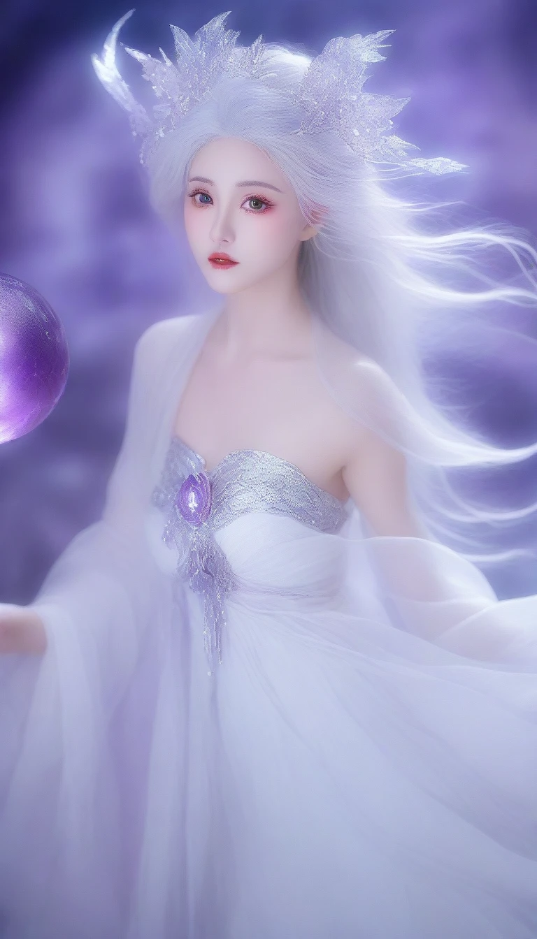 a close up of a woman in a white dress holding a purple ball, beautiful celestial mage, beautiful young wind spirit, a beautiful sorceress, a stunning young ethereal figure, ethereal fantasy, white haired deity, beautiful ancient frost witch, beautiful sorceress, epic mage girl character, aura of magic around her, astral fairy, xianxia fantasy