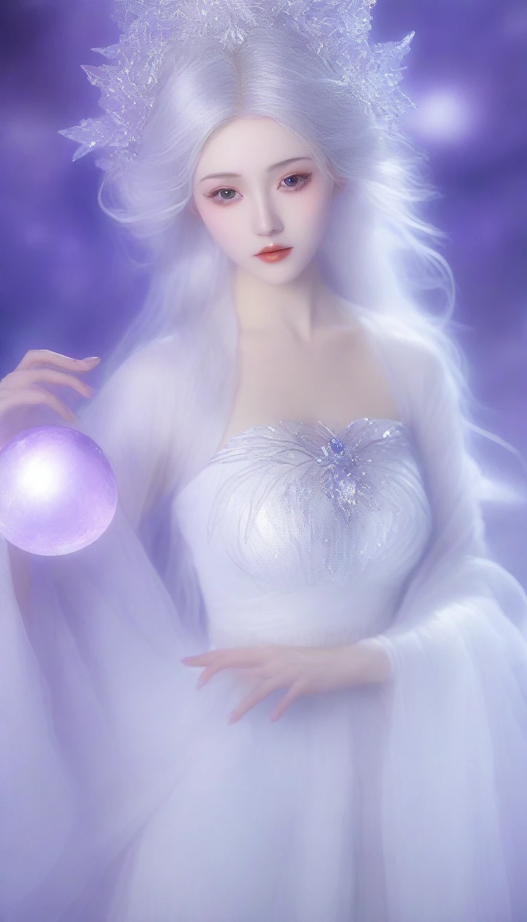 a close up of a woman in a white dress holding a purple ball, beautiful celestial mage, beautiful young wind spirit, a beautiful sorceress, a stunning young ethereal figure, ethereal fantasy, white haired deity, beautiful ancient frost witch, beautiful sorceress, epic mage girl character, aura of magic around her, astral fairy, xianxia fantasy