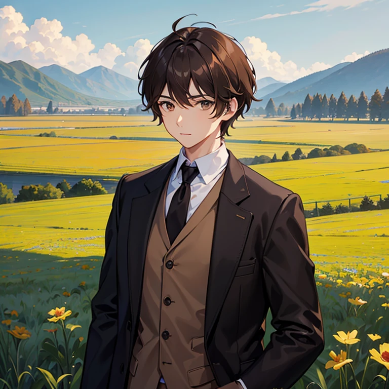 masterpiece, best quality, field, landscape, day, looking at viewer, upper body, 1boy, brown hair, messy hair, short hair, male hair, black jacket, long sleeves, brown fur collar