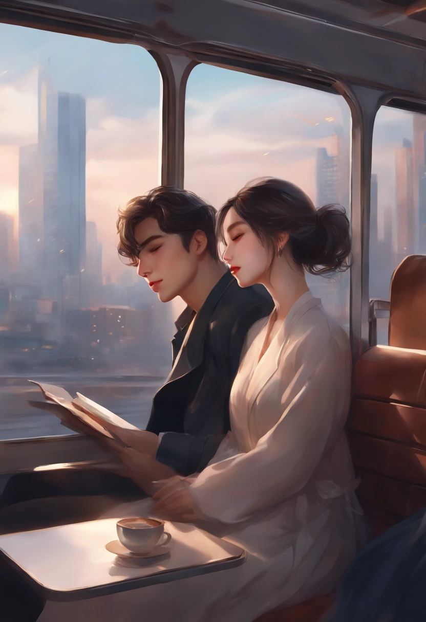 Anime couple sitting on a bus together in the city, Written by Lu Ji, Wlop painting style, art of wallop, author: Wlop, by Tandy, urban fantasy romance book cover, wallop art, Written by An Zhengwen, cg society 9, by Li Di, by Yao Tingmei, Artgerm and Ilya Kusinov, sleep with love