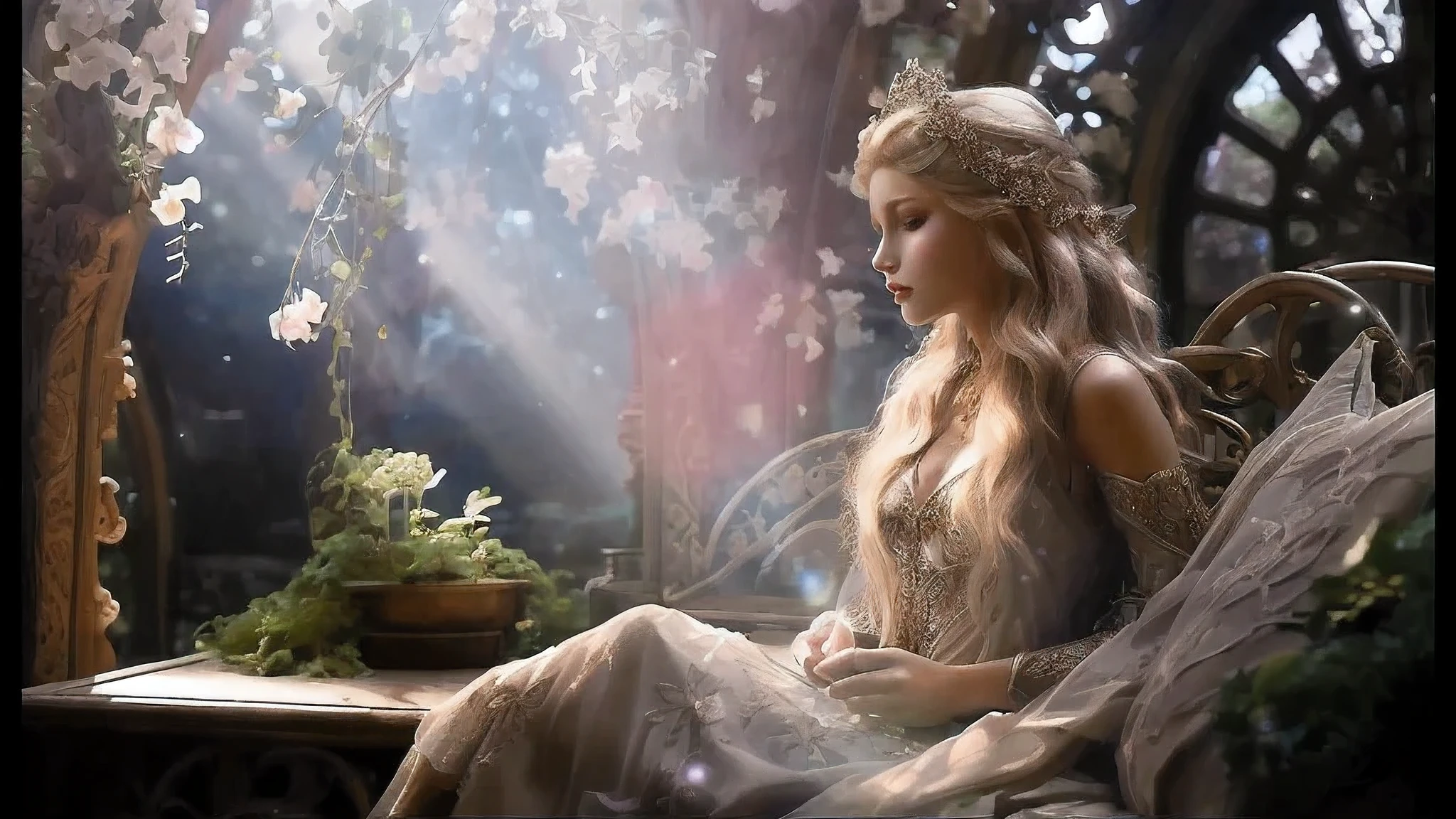 There is a woman sitting on a bench in the garden, beautiful elf princess, beautiful and elegant elf queen, elf princess, blonde elvish empress, elf queen galadriel, beautiful fantasy maiden, beautiful fantasy art, elf princess, very beautiful fantasy art, sleeping beauty fairytale, fantasy fairy tale story, mysterious beauty, beautiful fairy, beautiful adult fairy queen