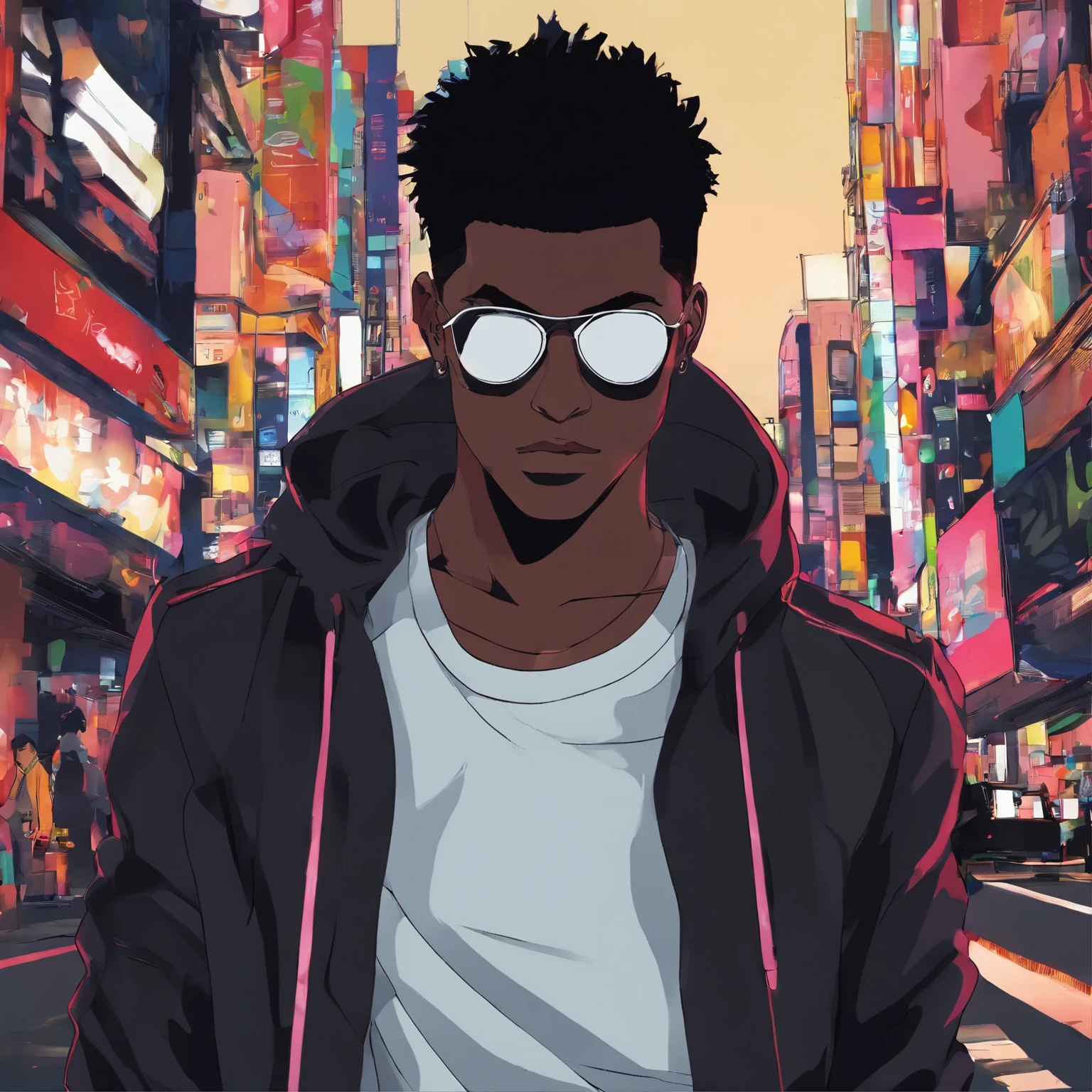 Dark skinned man with black jacket and sunglasses standing in the street, undercut haircut, black hair, eye scars, profile, muscular, night, badass anime 8K, 4K anime wallpaper, anime style 4K, anime art wallpaper 8K, anime wallpaper 4K, anime wallpaper 4K, 4K anime wallpaper, best anime 4K Konachan wallpaper, anime art wallpaper 4K, anime art wallpaper 4K
