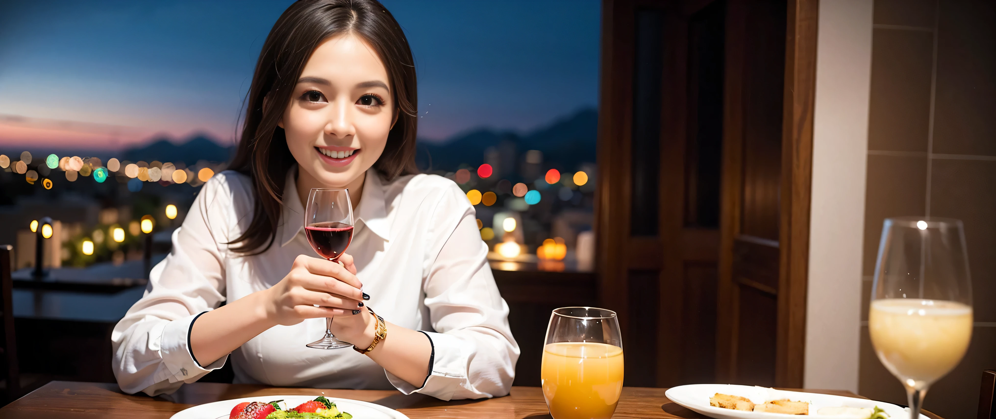 K, UHD, highest quality, masterpiece: 1.2), (realistic, photorealistic: 1.37), Spectacular view of the sunset sky and clouds、Amazing mountain views、A bright smile、happy toast、3 slim beauties, (slim face),Happy、 the best smile、Fox face、Berry Short、(because I'thin), (brown hair), (shortcut), long sleeve shirt、winter fashion、Japanese、Dutch、German、Portuguese、Belgian、Italian、French,Champagne、sparkling wine、 (gush out), (slim body), (brown hair), (shortcut), neat beauty、cheeks turn a little red, (41 years old), 38 years old, alone, A beautiful and detailed night view spreads out outside the window...., restaurant, wine glass is sitting, At night, in a prominent place (from the Upper body) nova frog style, actress, model, Upper body, White wine, slim, wine glass, Very beautiful night view, wine glass Put in the Middle, Happy smile, (smile: 1.15),