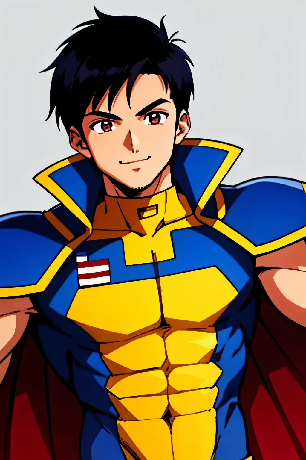 masterpiece, best quality, cel shaded, bright colors, 1boy, solo, male focus, teenage boy, short black hair, brown eyes, youthful smile, healthy complexion, muscular frame, american flag superhero suit, american flag cape, looking at viewer, staring straight ahead, upper body shot, simple background