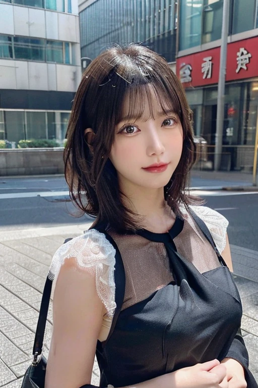 (huge tit、black see-through blouse、Shoulder bag)、(highest quality,masterpiece:1.3,超A high resolution,),(Super detailed,caustics),(Photoreal:1.4,RAW shooting,)ultra-realistic capture,very detailed,High resolution 16K suitable for human skin、 natural skin texture、、Skin tone looks even and healthy、 Use natural light and color,one woman,Japanese,,cute,curly black hair,middle hair,(written boundary depth、chromatic aberration、、wide range of lighting、natural shading、)、(hair swaying in the wind:1.2)、Tokyo cityscape