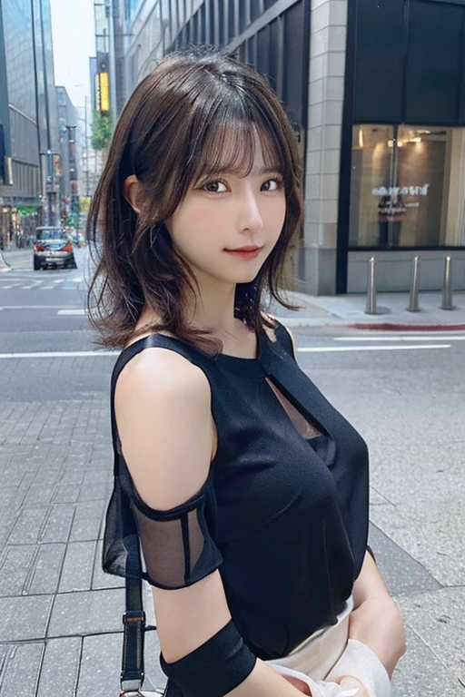 (huge tit、black see-through blouse、Shoulder bag)、(highest quality,masterpiece:1.3,超A high resolution,),(Super detailed,caustics),(Photoreal:1.4,RAW shooting,)ultra-realistic capture,very detailed,High resolution 16K suitable for human skin、 natural skin texture、、Skin tone looks even and healthy、 Use natural light and color,one woman,Japanese,,cute,curly black hair,middle hair,(written boundary depth、chromatic aberration、、wide range of lighting、natural shading、)、(hair swaying in the wind:1.2)、Tokyo cityscape
