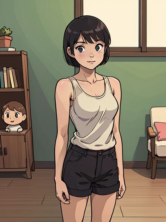 anime, small girl, one girl, black hair, brown eyes, small nose, (cute face:1.6), pink lips, figure, short hair, short height, skinny arms, (innocent face:1.5), standing straight, (standing pose:1.0), white tank top, blank short pants, black boots, standing on wooden floor, (background: living room), (background windows), straight hands, (looking straight at viewer),