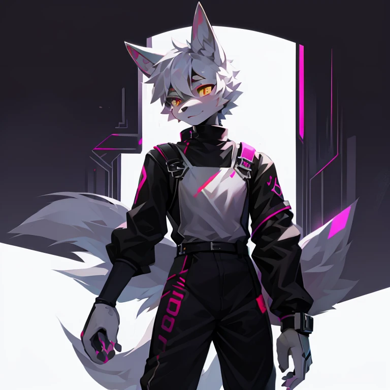 cyber punk perssonage,epcot,Tech style,solo person,White body,White ears,White hair,Overall white,Orange-yellow eyes,Wolf tail,Wolf orcs,Young,Wear a short-sleeved shirt,Ultra-clear screen,Soft lines