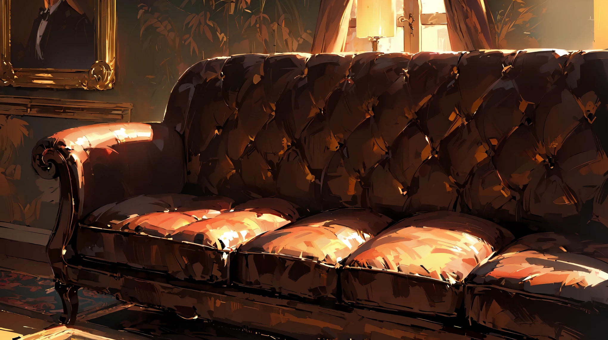 (Detailed close-up portrait !)(8K Masterpiece.High Quality.Digital Art.Beautiful and Aesthetic anime style.Perfect compositions and excellent perspective.OIL PAINTING) the character is sprawled out on a couch in an elegant pose (The backdrop is the detective's swanky boudoir-style apartment)