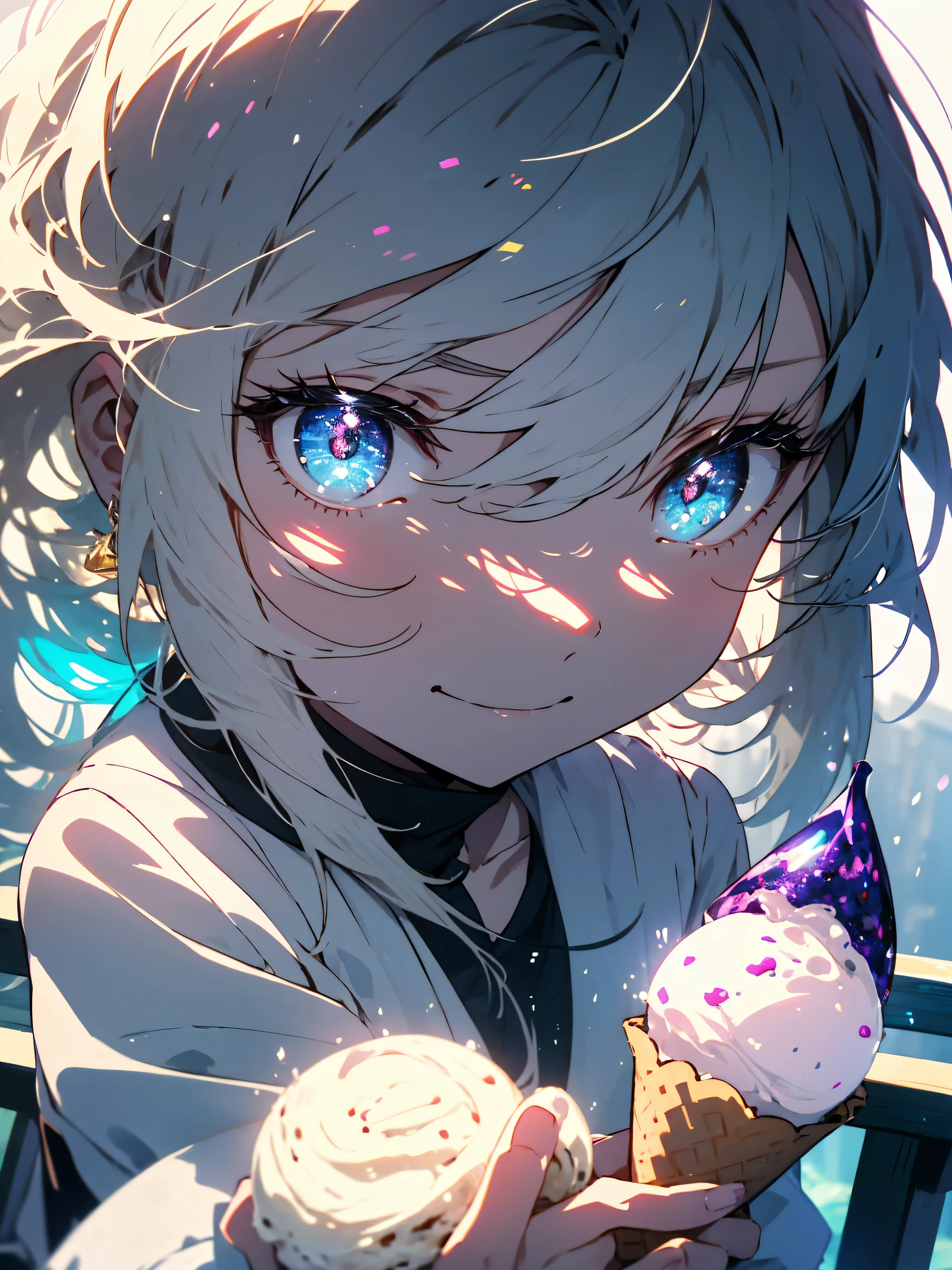 (highest quality、masterpiece、High resolution、detailed), 1 girl, alone, (cute smile)、very fine eyes,(Shining eyes、detailed beautiful face)、 (holding ice cream in one hand)、white pink color scheme, most detailed、sunny、sitting on a park bench、(highest quality、masterpiece、High resolution、detailed)、cute anime、Pop bright background