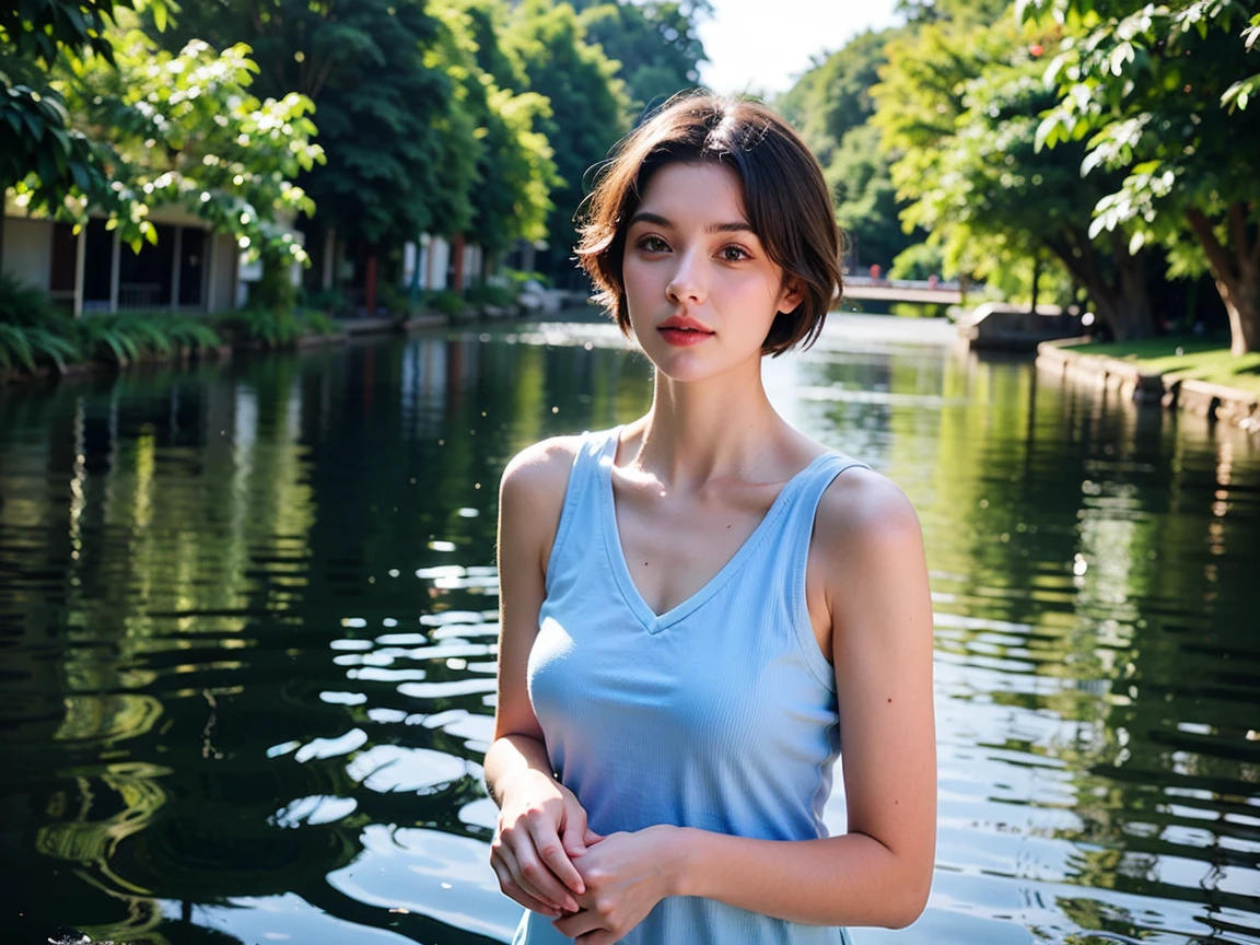 Realistic Photography, Beautiful Young Female ,Short hair ,river