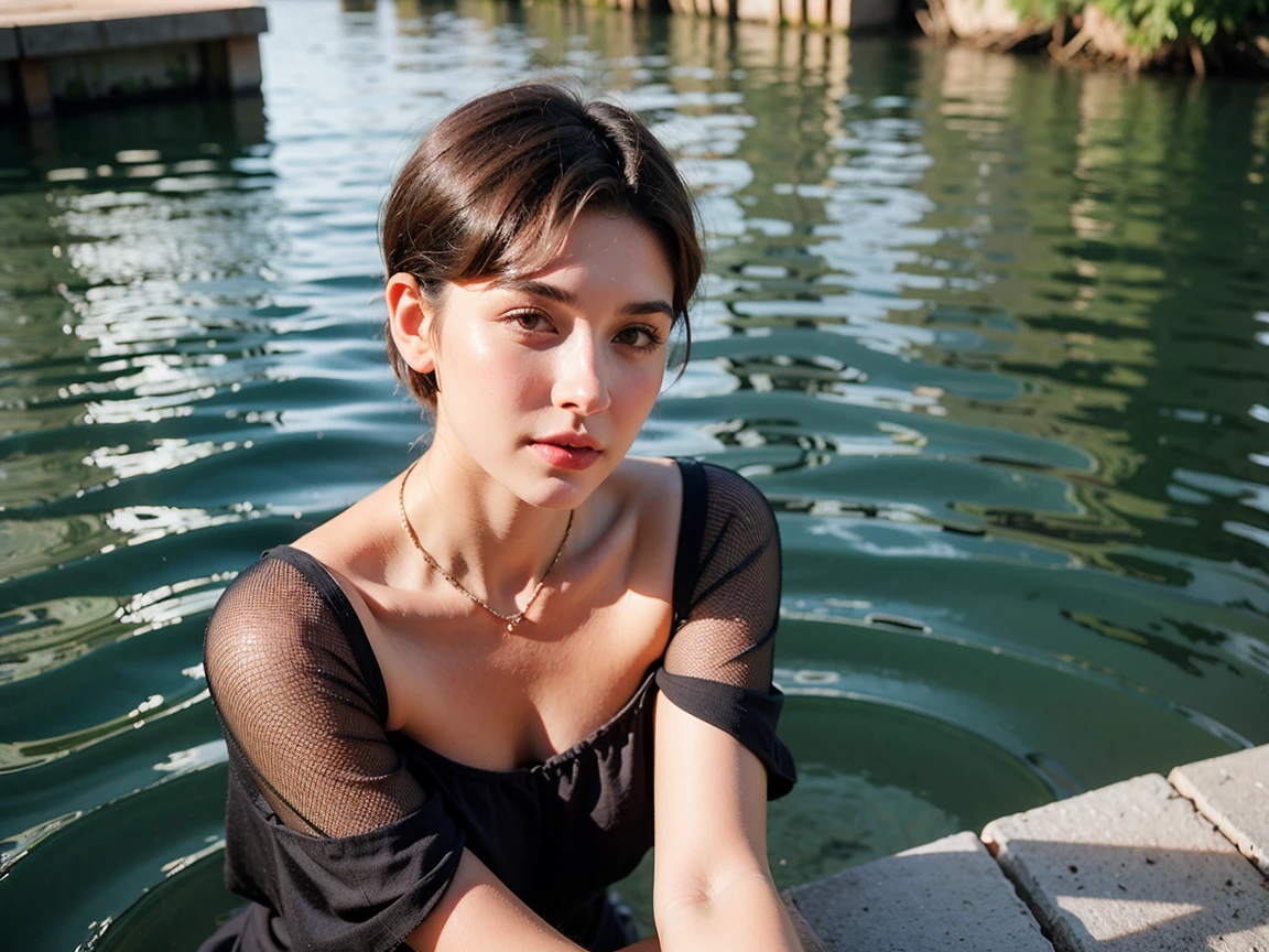 Realistic Photography, Beautiful Young Female ,Short hair ,river