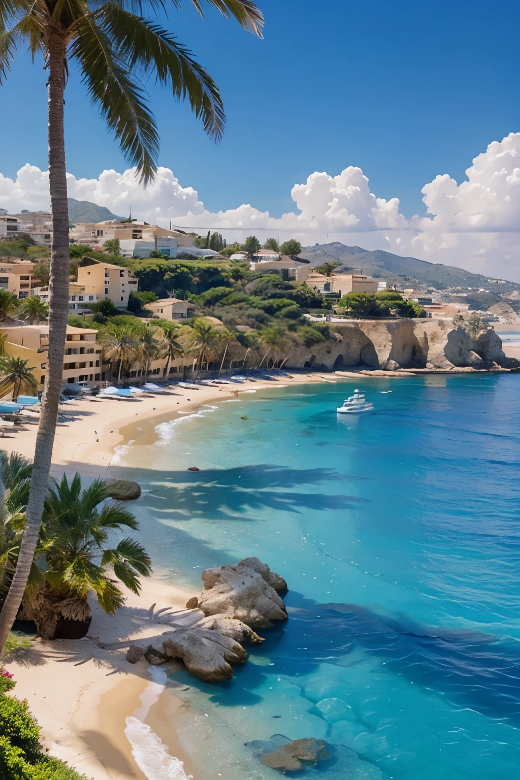 ultra high definition,Real picture,mediterranean beach,palm tree,transparent blue sea,hot sun,yachts floating far out to sea,