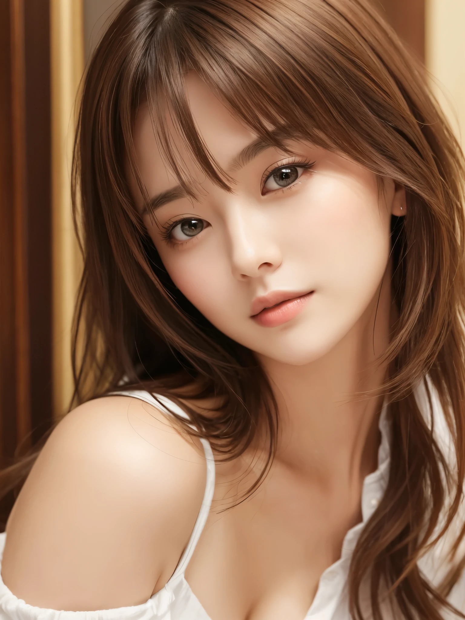 8k, highest quality, masterpiece, Realistic, Photorealistic, Ultra-detailed, Natural light, Highly detailed face and skin, Detailed eyes, Highly detailed face and skinのショット, Beautiful woman staring at camera, Tabletop, Beautiful Face, Realistic Face, Detailed face, Beautiful hairstyle, Realistic eyes, Fine grain, Realistic Skin, Detailed skin, Beautiful Skin, Charm, Ultra-realistic, ((Knitwear with a visible cleavage, kind, Brown Hair, Cute Japanese Girl, whole body,Dimples,))