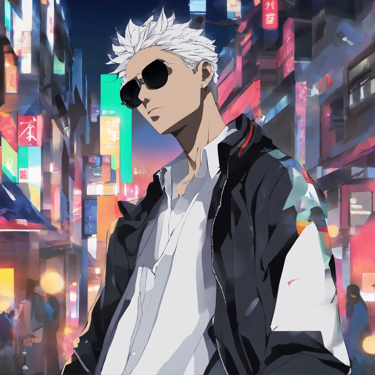 Sallow skinned man with black jacket and sunglasses standing in street, undercut haircut, black hair, eye scars, profile, muscularity, necklace, night, badass anime 8k, 4k anime wallpaper, anime style 4k, anime art wallpaper 8k, anime wallpaper 4k, 4k anime wallpaper, best anime 4k kona chan wallpaper, anime art wallpaper 4k, anime art wallpaper 4k