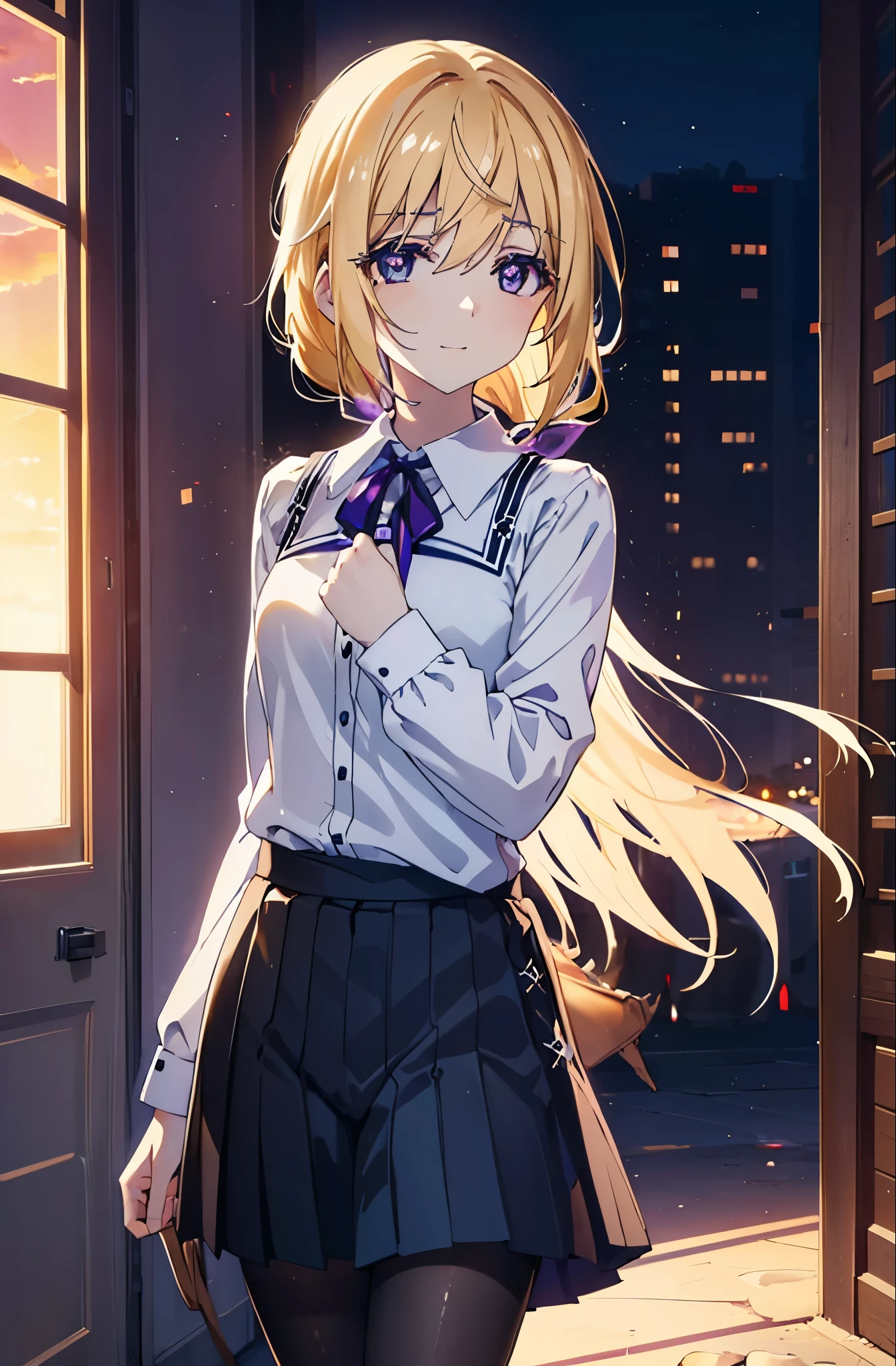 charlotte denois, Charlotte Dunois, long hair, blonde hair, ribbon, (purple eyes:1.1), ponytail,happy smile, smile, open your mouth, break , black sailor suit,black pleated skirt,white pantyhose,brown loafers,walk,sunset,evening,the sun goes down, break indoors, city,building street, break looking at viewer, (cowboy shot:1.5), break (masterpiece:1.2), highest quality, High resolution, unity 8k wallpaper, (shape:0.8), (fine and beautiful eyes:1.6), highly detailed face, perfect lighting, Very detailed CG, (perfect hands, perfect anatomy),