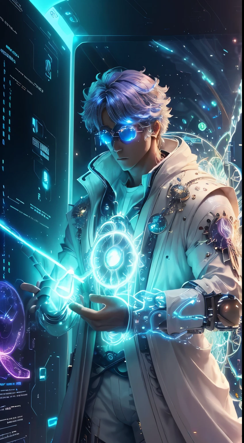 (8k), Ultra resolution 8K, Stunning illustration of a splendid celestial, Ethereal hero , Warrior Prince,, gafas cyberpunk, Cosmic glasses, Flowing luminous white tunic suit , saliendo de un portal,  (Time machine in your hand:  1.7)cinematic lighting