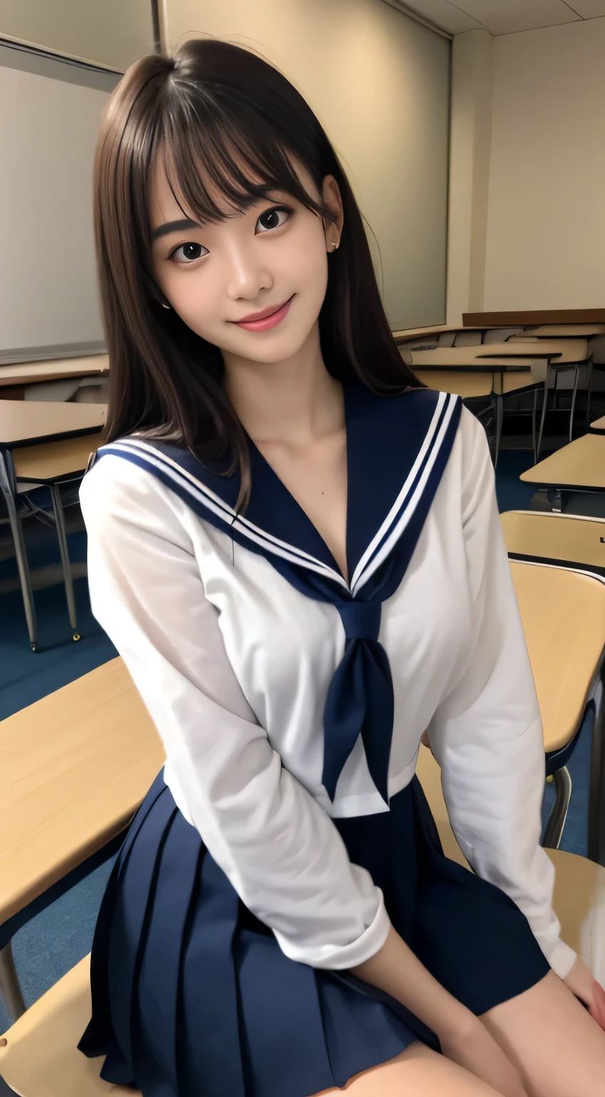 8k, highest quality, real image, intricate details, Super detailed, ultra high resolution, depth field,(realistic,realistic:1.2), (small breasts:1.2), 1 Japanese girl, very beautiful 17 year old girl, (beautiful breasts:1.5, highly detailed eyes:1.2), (beautiful breasts:1.1), bangs, perfect skin, Fair skin, tight waist, alone, looking at the viewer, black hair, hair behind the ear, shoulder hair, long hair, no makeup、In a high school classroom, During class, light smile, (high school sailor suit:1.2), navy pleated skirt, sitting next to the viewer