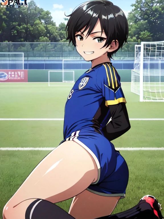 (((official art,Super thin illustration,High resolution, muste piece, best quality,best quality,)))high quality, detailed, (),12 years oace striker male idol with a super cute face,A boy as beautiful as Planding, Cool handsome face with a smile, soccer spike, long legs, thighs, Foots, No bulge, (black hair、short hair)、shiny hair, (Tight shiny random color soccer uniform suit), (tight and shiny soccer shorts), (soccer socks), grassy area, cool pose, (厚いthighs、Seducing a big ass into your crotch)、(((soccer field in the park)))、((Saucy、))、grinning grin、spread legs,ultra fine painting, (best quality, In 4K, 8K, High resolution, muste piece:1.2),service shot、((detailedな目:1.2))、showing off his big butt、proud butt、