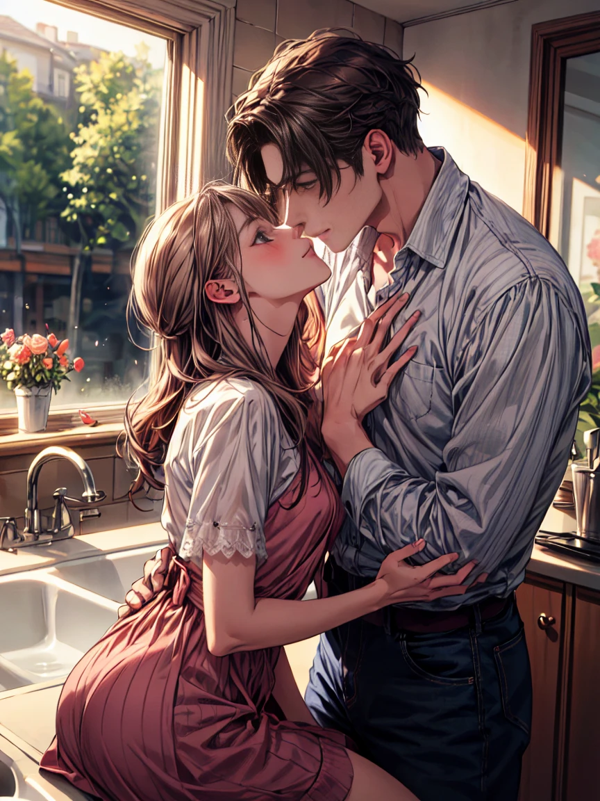 ((disorganized, taller than, ultra hd)) 1 male, 1 female,mature, kiss each other, the girl is sitting at the sink, The guy is bending a little towards her in front of her, The man is wearing a white shirt, wearing blue jeans ,woman wearing beautiful pink dress, Roses are blooming around me, beautiful, scenic, romantic,((calm and romantic expression:1.2)) ,pixiv, digital painting, Real man, beautiful elegant woman, (Gray stylish hair for men), (woman long brown hair)