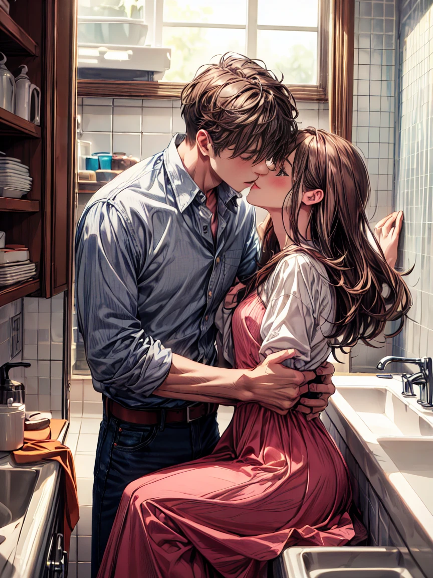 ((disorganized, taller than, ultra hd)) 1 male, 1 female,mature, kiss each other, the girl is sitting at the sink, The guy is bending a little towards her in front of her, The man is wearing a white shirt, wearing blue jeans ,woman wearing beautiful pink dress, Roses are blooming around me, beautiful, scenic, romantic,((calm and romantic expression:1.2)) ,pixiv, digital painting, Real man, beautiful elegant woman, (Gray stylish hair for men), (woman long brown hair)