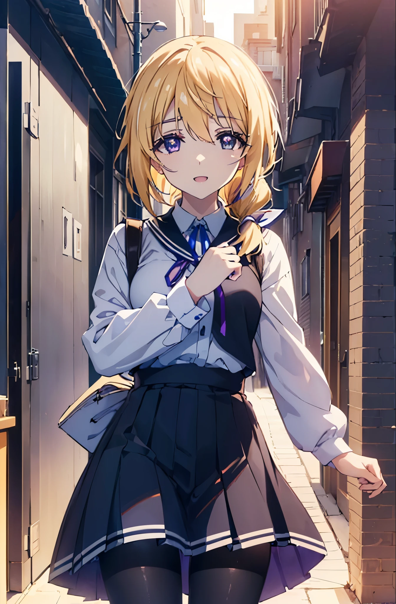 charlotte denois, Charlotte Dunois, long hair, blonde hair, ribbon, (purple eyes:1.1), ponytail,happy smile, smile, open your mouth, break , black sailor suit,black pleated skirt,white pantyhose,brown loafers,walk,sunset,evening,the sun goes down, break putdoors, city,building street, break looking at viewer, (cowboy shot:1.5), break (masterpiece:1.2), highest quality, High resolution, unity 8k wallpaper, (shape:0.8), (fine and beautiful eyes:1.6), highly detailed face, perfect lighting, Very detailed CG, (perfect hands, perfect anatomy),