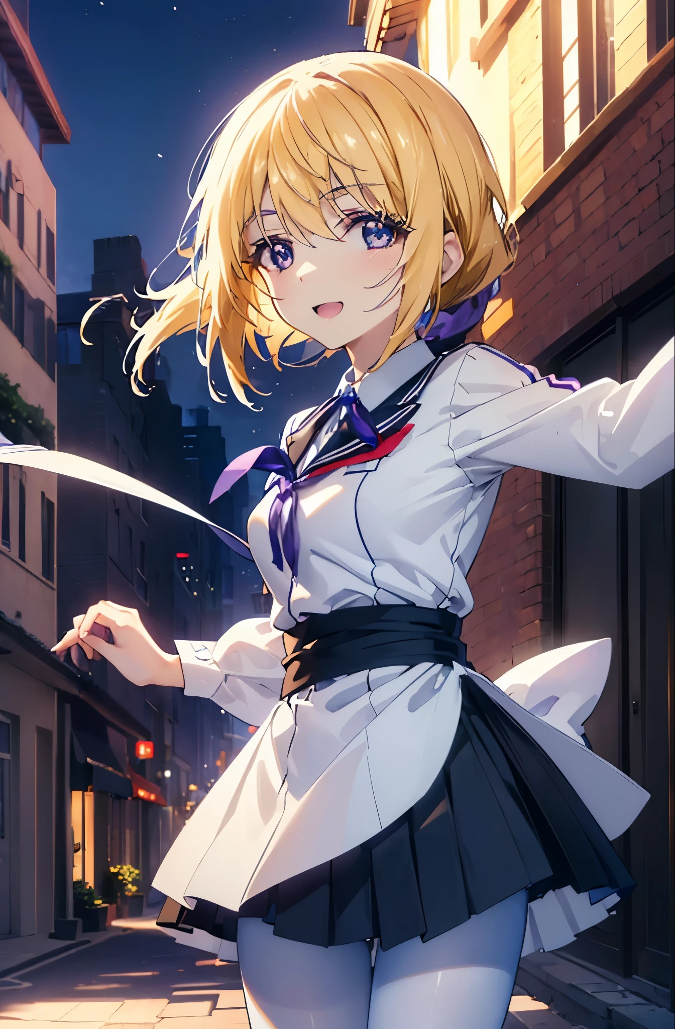 charlotte denois, Charlotte Dunois, long hair, blonde hair, ribbon, (purple eyes:1.1), ponytail,happy smile, smile, open your mouth, break , black sailor suit,black pleated skirt,white pantyhose,brown loafers,walk,sunset,evening,the sun goes down, break putdoors, city,building street, break looking at viewer, (cowboy shot:1.5), break (masterpiece:1.2), highest quality, High resolution, unity 8k wallpaper, (shape:0.8), (fine and beautiful eyes:1.6), highly detailed face, perfect lighting, Very detailed CG, (perfect hands, perfect anatomy),