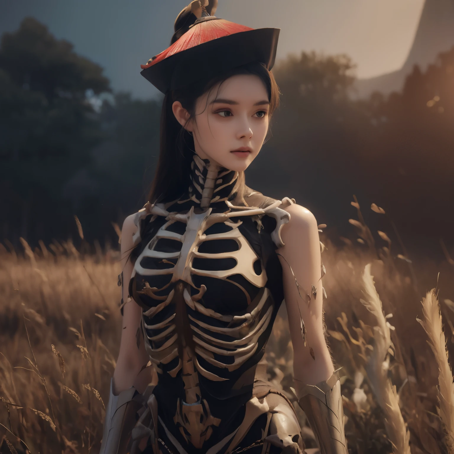 arafed woman in a skeleton costume standing in a field, skeleton girl, hone onna skeleton geisha, eerie art style, with a skeleton army, inspired by Fenghua Zhong, beautiful digital artwork, skeleton, inspired by Ai Xuan, xue han, saint skeleton queen, dark but detailed digital art, fantasy art style