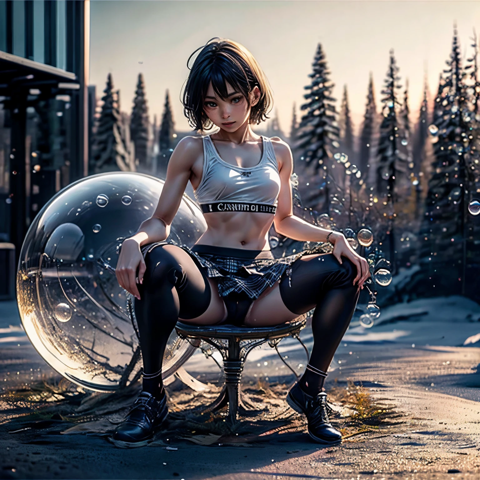 (Photographed with Canon EOS R5,Canon EF 24-70mm f/2.8L II,LED panel) , (realistic photo :1.5), BREAK,
solo focus, (full body shot:1.4), BREAK,
BREAK, (Photo of a person seen from the front :1.5),
(1girl, flat chest :1.4), (high resolution detail of human skin texture : 1.5), (eyes are red and swollen),
(1 Japanese girl ), brown eyes, nipples, hetero, parted lips, looking at viewer, (spread legs widely:1.5),
flat chest, skinny body, lips, (li :1.5),
perfectly proportions, breasts, brown short hair,
BREAK,
(wearing sports bra, wearing short spats pants under skirt :1.4), (Bare legs:1.4), (black short spats pants:1.4),(plaid skirt:1.4),
(Do not expose upper body, Do not take off skirt:1.4),
BREAK,
(sitting down :1.5),
BREAK, (outdoors, ruin),
BREAK,
(in bubble :1.5), BREAK,