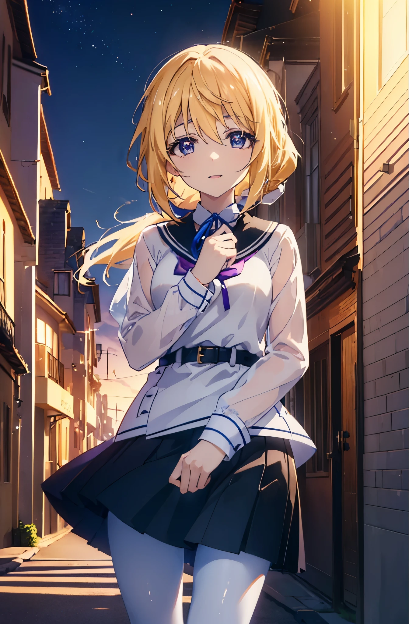 charlotte denois, Charlotte Dunois, long hair, blonde hair, ribbon, (purple eyes:1.1), ponytail,happy smile, smile, open your mouth, break , black sailor suit,black pleated skirt,white pantyhose,brown loafers,walk,sunset,evening,the sun goes down, break putdoors, city,building street, break looking at viewer, (cowboy shot:1.5), break (masterpiece:1.2), highest quality, High resolution, unity 8k wallpaper, (shape:0.8), (fine and beautiful eyes:1.6), highly detailed face, perfect lighting, Very detailed CG, (perfect hands, perfect anatomy),