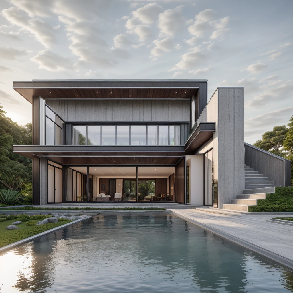 the exterior of the house; garden landscape, a pool with clear water, daytime, realistic, wide angle, (( render vray )), cloudy sky, sunset, European plants, render, spring light, detailed, modern style, clear image, glasses, high reflection, RAW photo, (high detailed skin:1.2), 8k UHD, DSLR, soft lighting, high quality, film grain, Fujifilm XT3