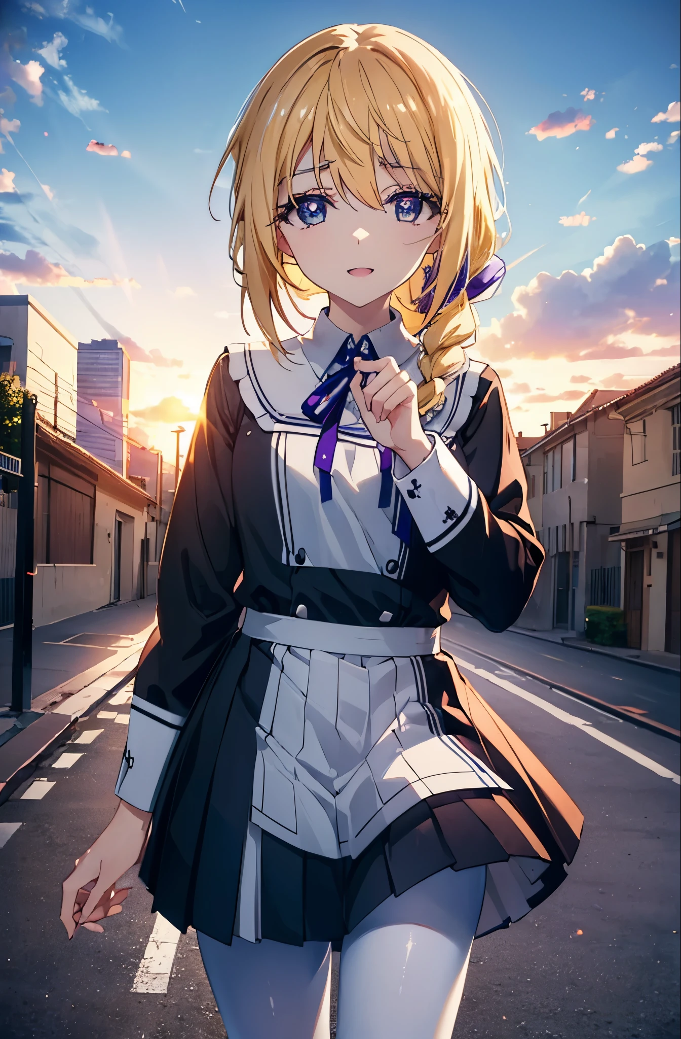 charlotte denois, Charlotte Dunois, long hair, blonde hair, ribbon, (purple eyes:1.1), ponytail,happy smile, smile, open your mouth, break , black sailor suit,black pleated skirt,white pantyhose,brown loafers,walk,sunset,evening,the sun goes down, break putdoors, city,building street, break looking at viewer, (cowboy shot:1.5), break (masterpiece:1.2), highest quality, High resolution, unity 8k wallpaper, (shape:0.8), (fine and beautiful eyes:1.6), highly detailed face, perfect lighting, Very detailed CG, (perfect hands, perfect anatomy),