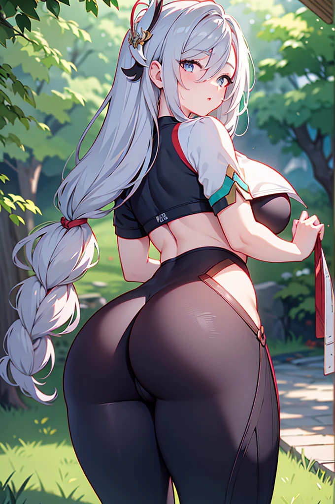 ShenheV4, silver hair, tight pants, sportswear, butt, seductive, thick thighs, night meadow with a single tree in background  view, realistic, best quality, masterpiece, ultra detail, ultra high res, extreme detail, ass, from behind, round ass, hair over one, breast, hair ornament