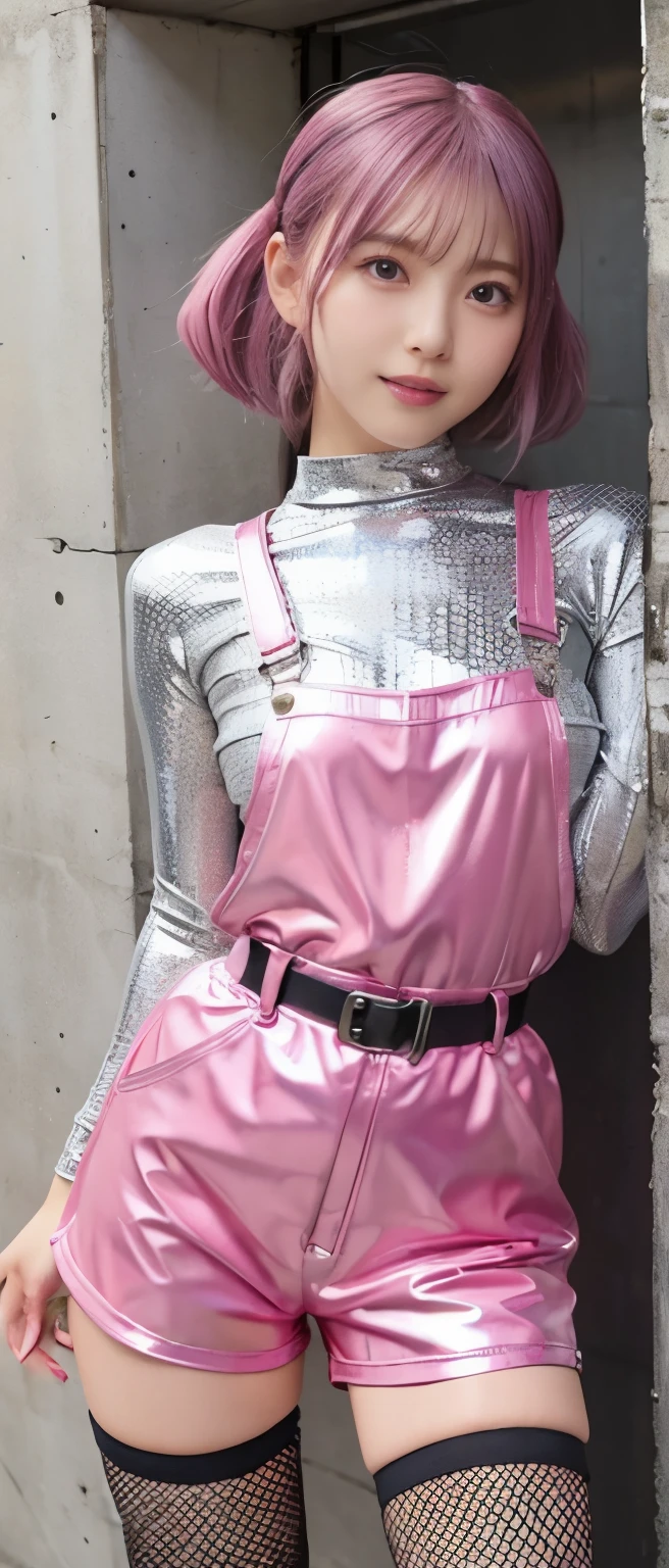 cool cyber idol girl、、Shiny pink overalls shorts、、、good style、whole body、、shiny belt、、silver hair、Fishnet tights