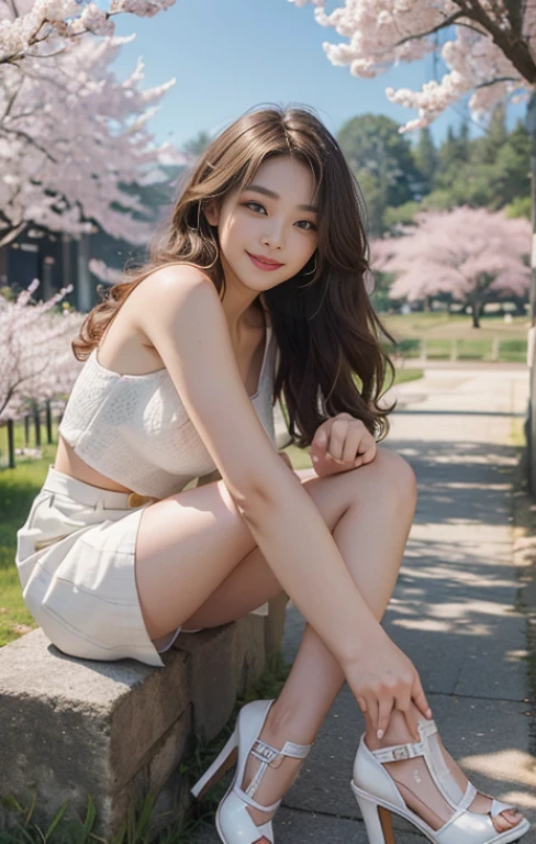 highest quality、masterpiece、ultra high resolution、Photoreal、Raw photo、1 girl、sexyな外観、shoulder hair、The bottom half is curled and sauvage、cute smile like a model、frontage、hair color is blonde、yellow tight mini skirt、normal high heels、eyes are double、eyes are blue、wear mascara、Cute pose like a model、cute face、Gorgeous like a model、ultimate beauty、cute smile、bright smile、Masseter muscle part、highest quality、Rows of cherry blossom trees in full bloom at Nishi Park in Fukuoka、photo shoot、sexy、embarrassing smile、perfect eyes and nose