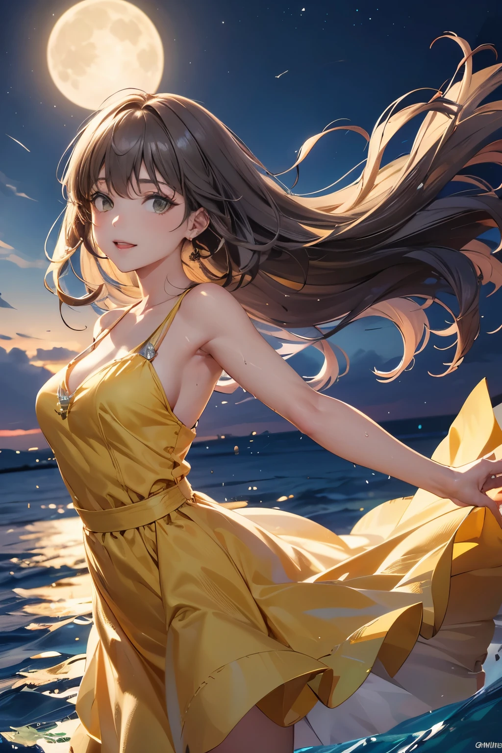 A mature woman with her arms outstretched and feeling the wind at the tip of a luxury cruise ship, long hair, illuminated by moonlight, sea spray, a masterpiece, her yellow dress getting wet, looking at the viewer.