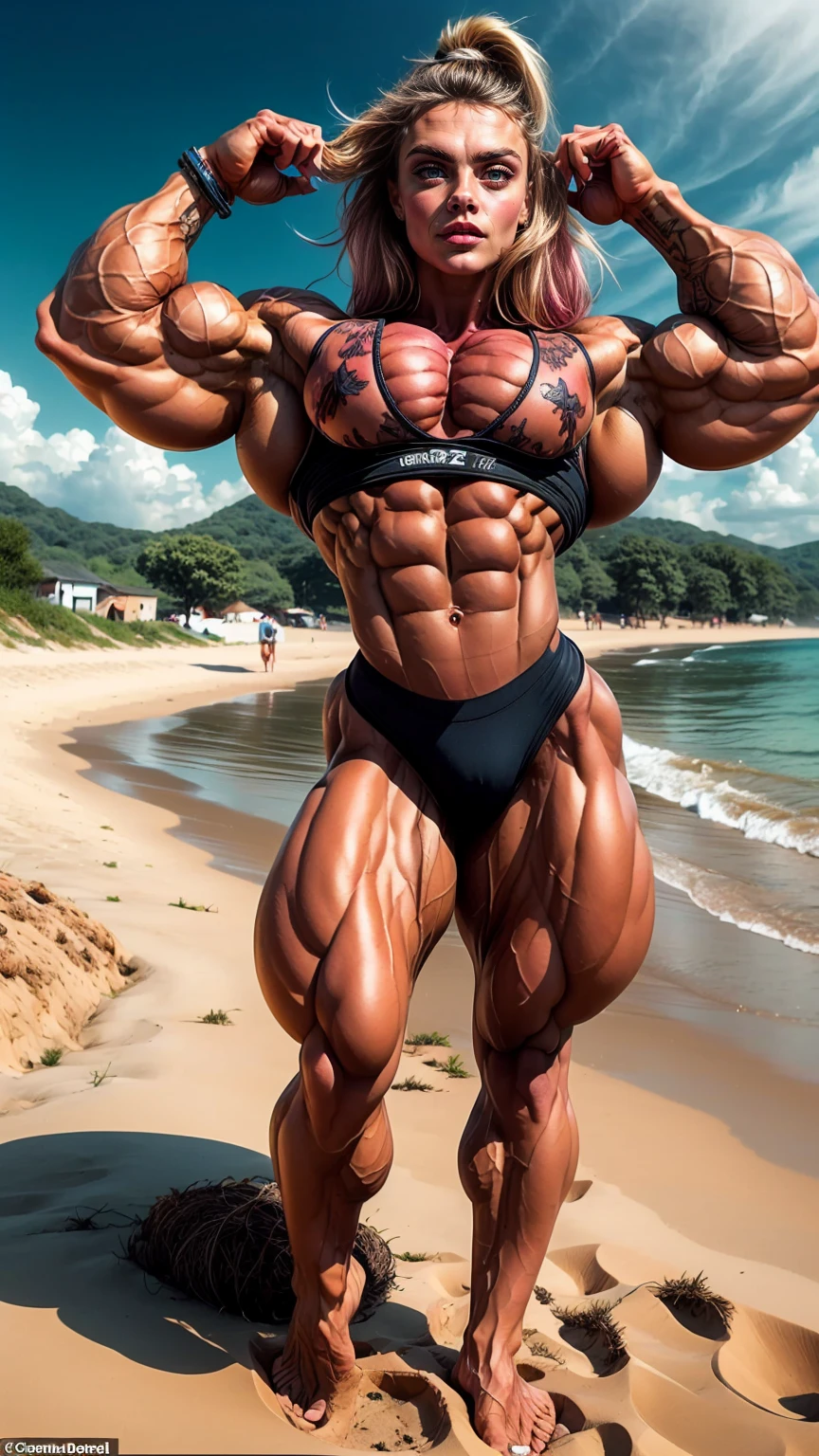 (1 girl:1.25), (cara delevingne:1.25), (a photo of a naked muscular girl on the beach), (long pink hair), (huge upper body), (wide shoulders), (huge muscular arms:1.25), (10-pack abs), (lots of veins),(full body pose:1.25), Realistic, Very detailed face and eyes, masterpiece,