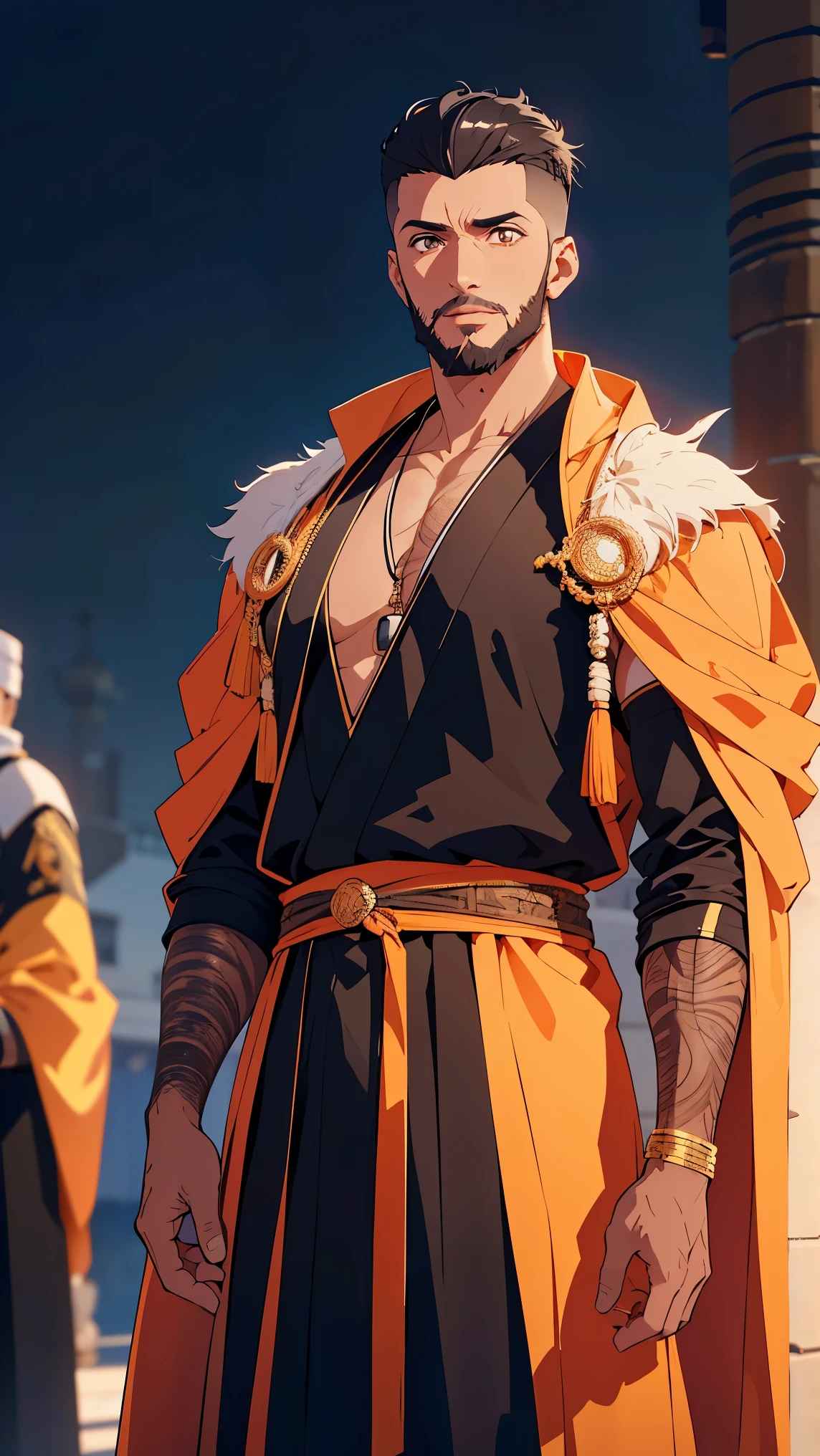 Anime,Arabic man1,male,(black skin),(black hair,High top fade haircut, Stubble Beard,light brown eyes),(They wear orang royal arabic robes for men),Highly detailed CG,8K wallpapers،Highest quality, high resolution, beautiful lighting, realistic shadow, high resolution,highly detailed, detailed face and eyes, realistic eyes