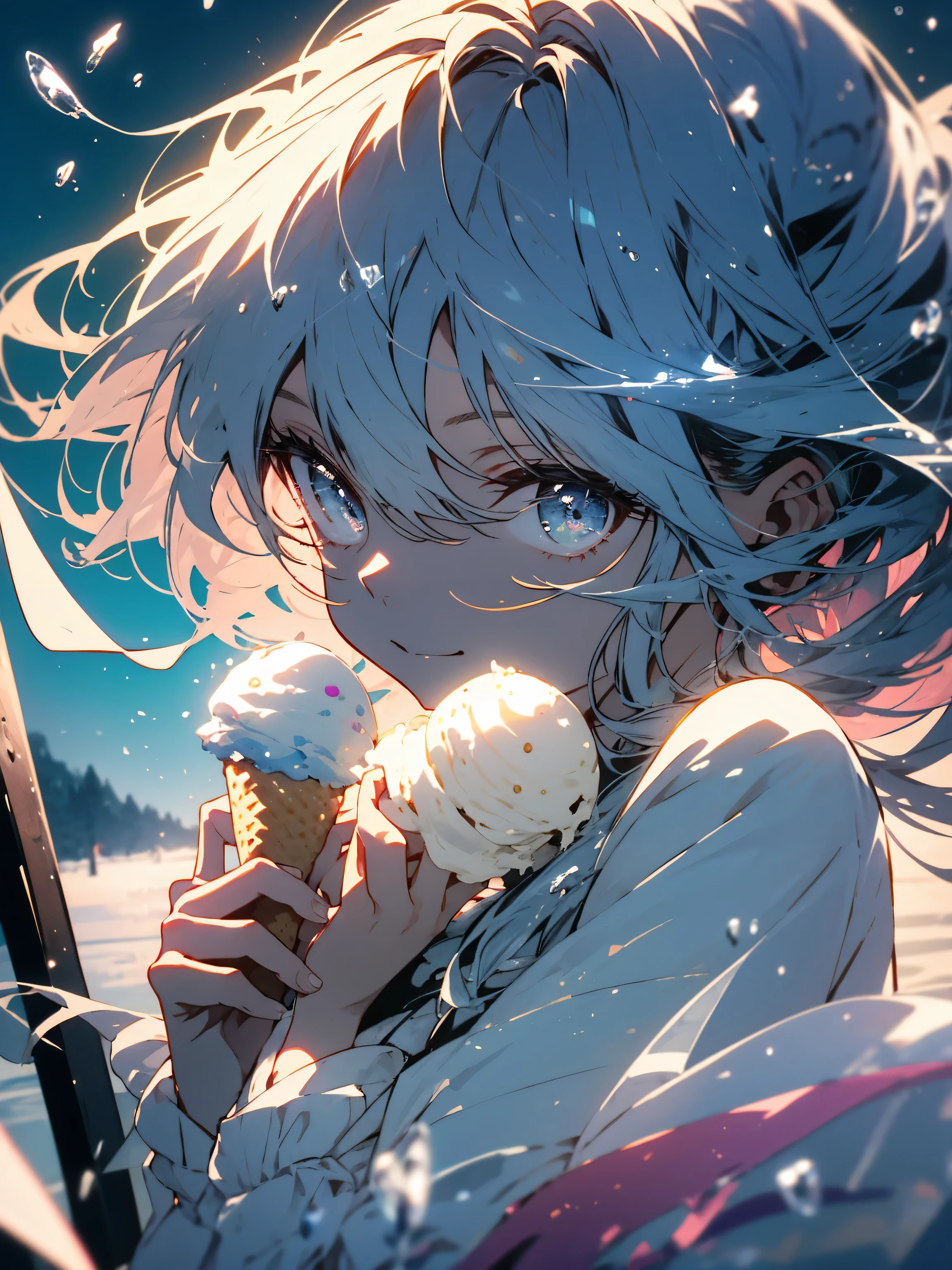 animesque A boy with white hair is eating ice cream