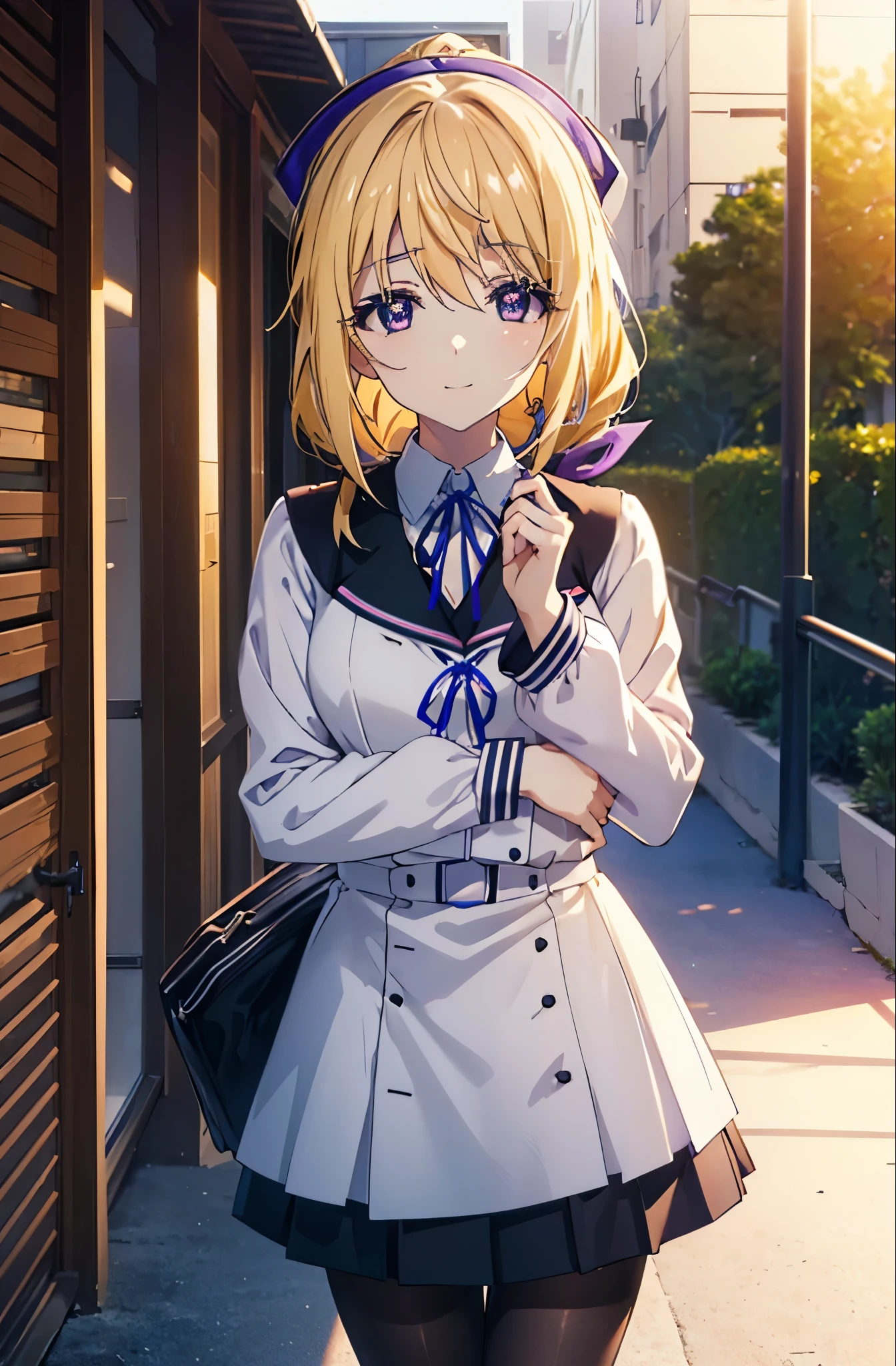 charlotte denois, Charlotte Dunois, long hair, blonde hair, ribbon, (purple eyes:1.1), ponytail,happy smile, smile, open your mouth, break , japanese high school girl uniform(black sailor suit),black pleated skirt,white pantyhose,brown loafers,walk,sunset,evening,the sun goes down, break putdoors, city,building street, break looking at viewer, (cowboy shot:1.5), break (masterpiece:1.2), highest quality, High resolution, unity 8k wallpaper, (shape:0.8), (fine and beautiful eyes:1.6), highly detailed face, perfect lighting, Very detailed CG, (perfect hands, perfect anatomy),