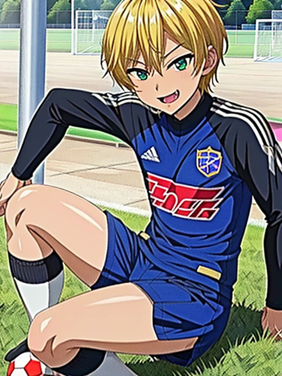 (((official art,Ultra-fine illustration,High resolution, 最high quality,最high quality,)))high quality, become familiar with, (**********),************, A young ace striker male idol with a super cute face,A boy as beautiful as Planding, long legs, thighs, feet, (There is no swelling in the chest), 、(((Vulgarity))),((blonde short hair))、(golden hair、short hair)、((brown skin:1.5)),(Tight shiny white and green soccer uniform bodysuit),Ultra-fine painting, ,service shot、bulge in crotch、 (tight and shiny spats), (soccer socks), lawn area, (厚いthighs)、(((soccer field in the park)))、((Saucy、))、grin and laugh、tongue licking、feetを広げて,