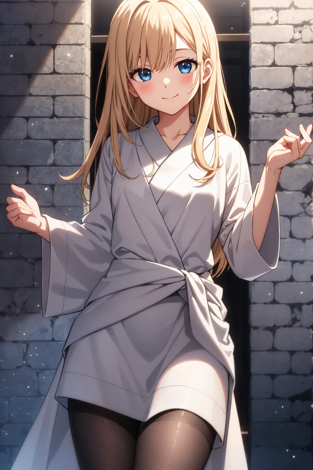 cinematic feeling,anime,masterpiece,best quality,Top animation quality,high resolution,solo,(above the waist),a girl,extremely detailed hair and eyes,light smile,(only loose mesh robe,pantyhose),very beautiful,Stone wall background,perspective