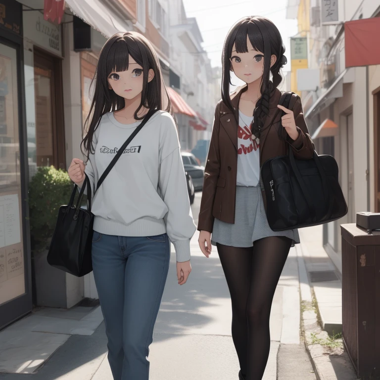 A cute korean girl wearing a school unifrom walking to a cafe with her boyfreind, sixteen years old