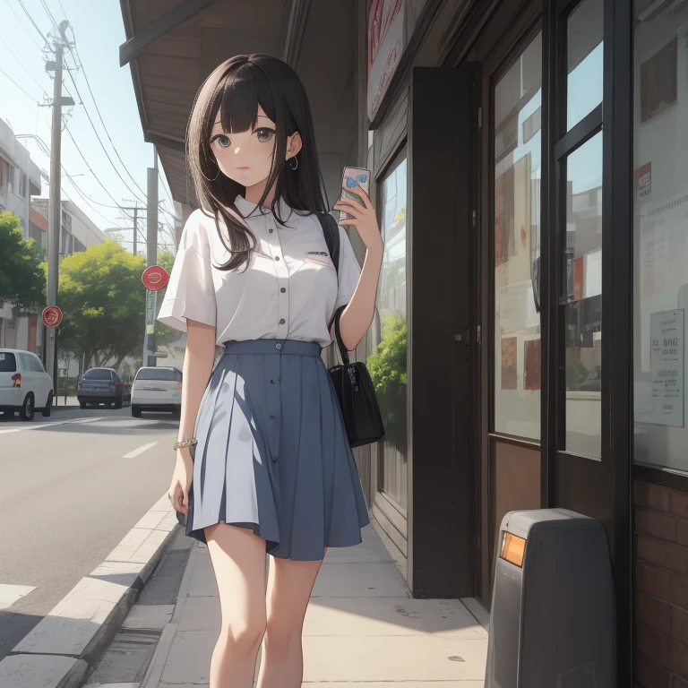 A cute korean girl wearing a school unifrom walking to a cafe with her boyfreind, sixteen years old