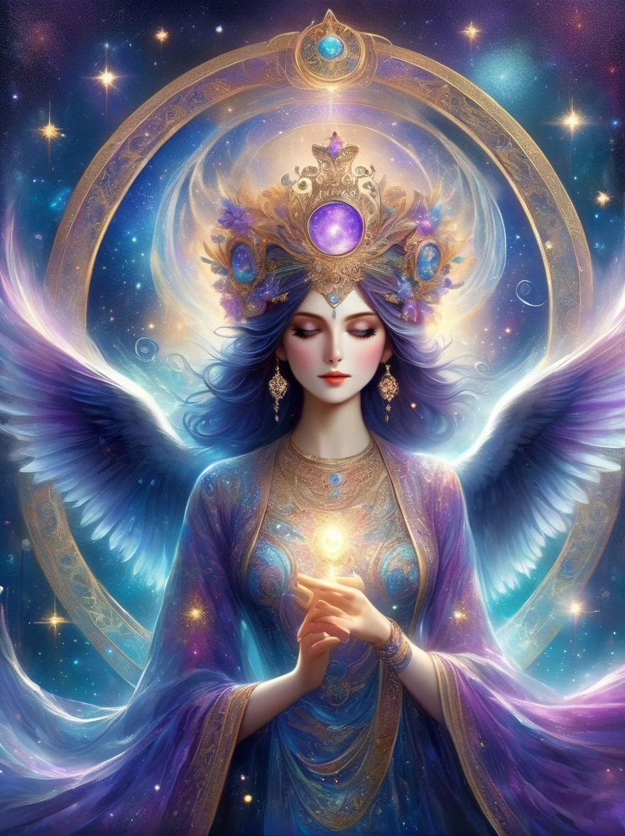 Envision a mystical tarot card floating amidst a cosmic backdrop of twinkling stars and swirling galaxies. The card is the 'The High Priestess,' represented by a regal figure sitting between two pillars, a crescent moon at her feet and a tapestry of pomegranates behind her. She holds an ancient scroll and her eyes are filled with the wisdom of the ages. Around her, ethereal forms and symbols emerge, such as an owl for wisdom, a crown for authority, and a veil for mystery. The colors are vibrant yet possess a dreamlike quality, with deep blues, purples, and silvers that shimmer against the cosmic void. The image evokes a sense of deep intuition and the unknowable secrets of the universe.