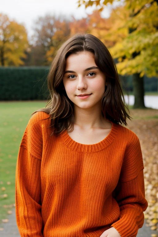 16 year old German girl with short dark brown hair, blauen Augen, and medium breasts is wearing a long orange sweater